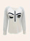Wink Print Half Zip V-Neck T-Shirt