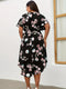 Grote Maten Elegante Maxi Jurk Zwarte Bloemenprint, Vlindermouwen V-Hals