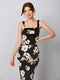 Zwarte Midi Jurk met Bloemenprint Elegante Mouwloze Zomerjurk met Hoge Split