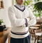 El Conde - Męski stylowy sweter z dzianiny V-neck, swobodny styl college'owy na jesień i zimę