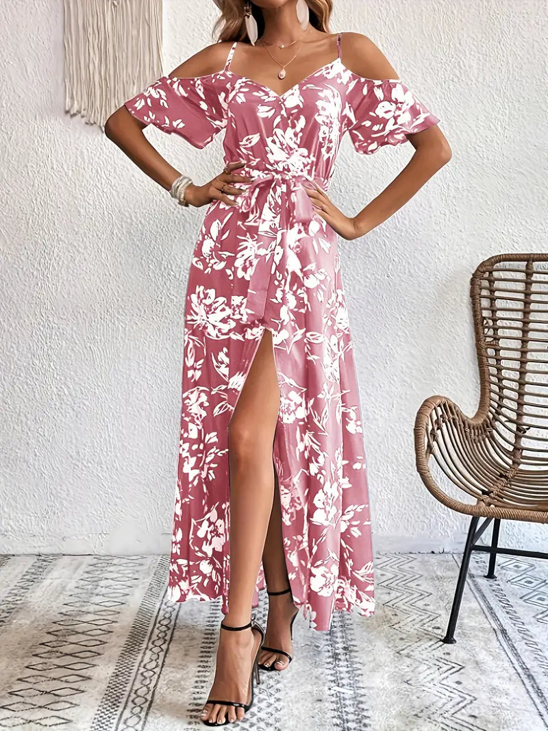 Kwiatowa sukienka maxi na ramiączkach - Elegancka letnia sukienka z paskami