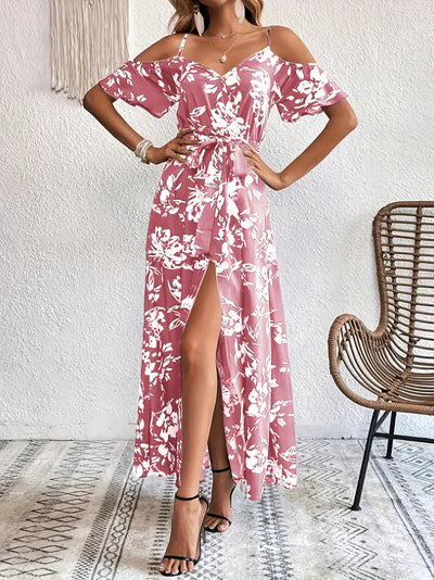 Kwiatowa sukienka maxi na ramiączkach - Elegancka letnia sukienka z paskami