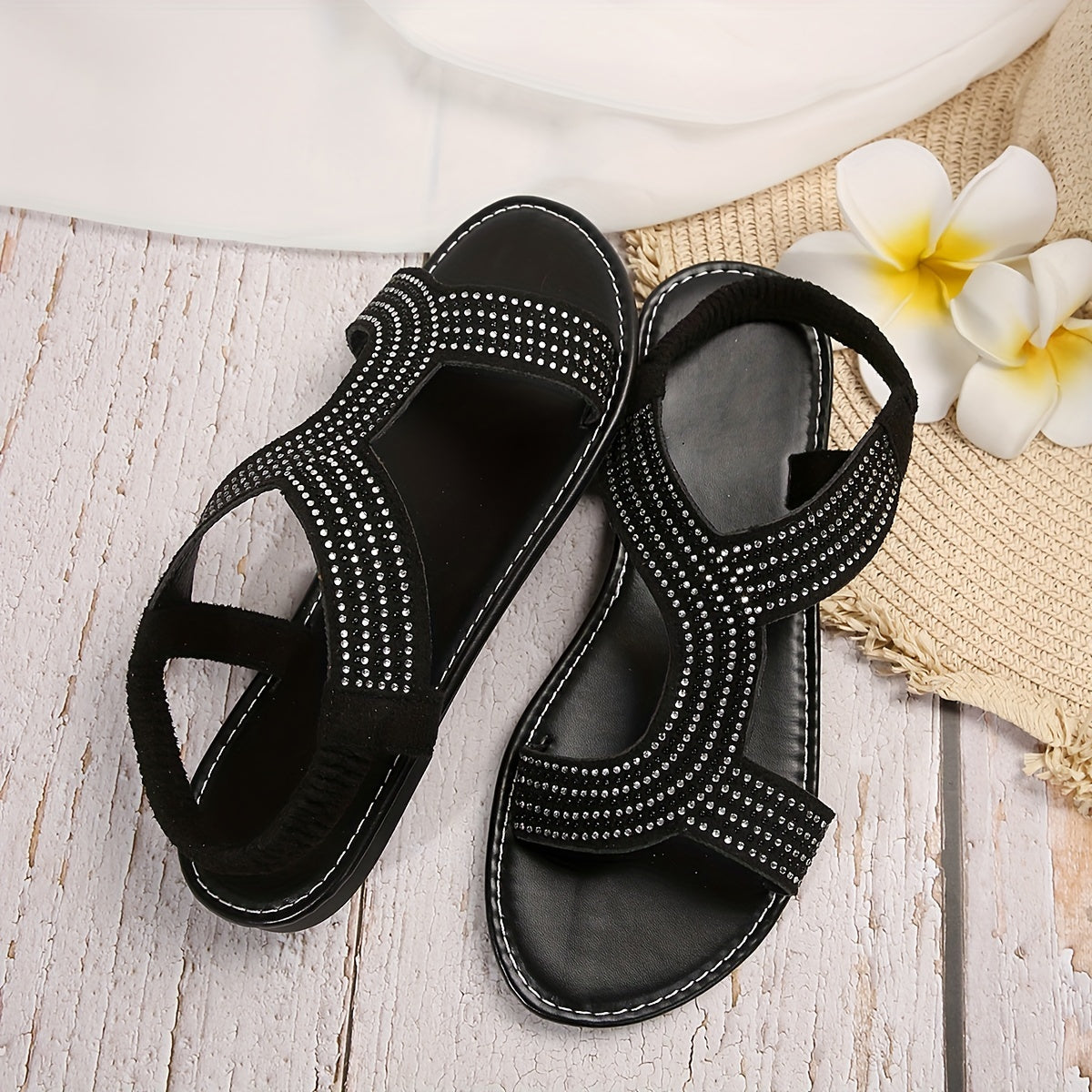 Letnie płaskie buty z kryształowym zdobieniem, oddychające buty wsuwane