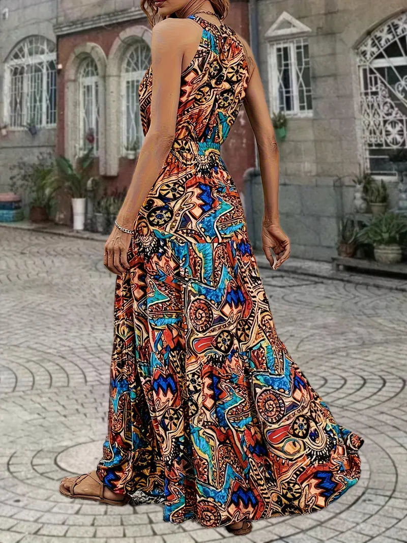 Boho Maxi Dress Brown Letnia sukienka bez rękawów z paskiem