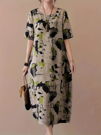 Artystyczna lniana sukienka midi Żywa abstrakcyjna elegancja Swobodne krótkie rękawy