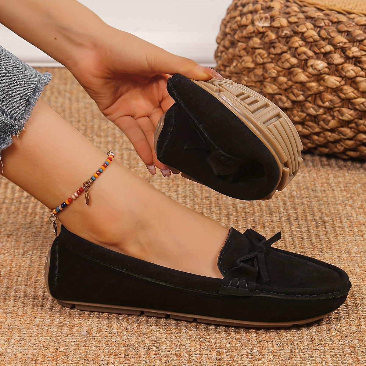 Retro loafersy z kokardą, buty wsuwane z okrągłym noskiem
