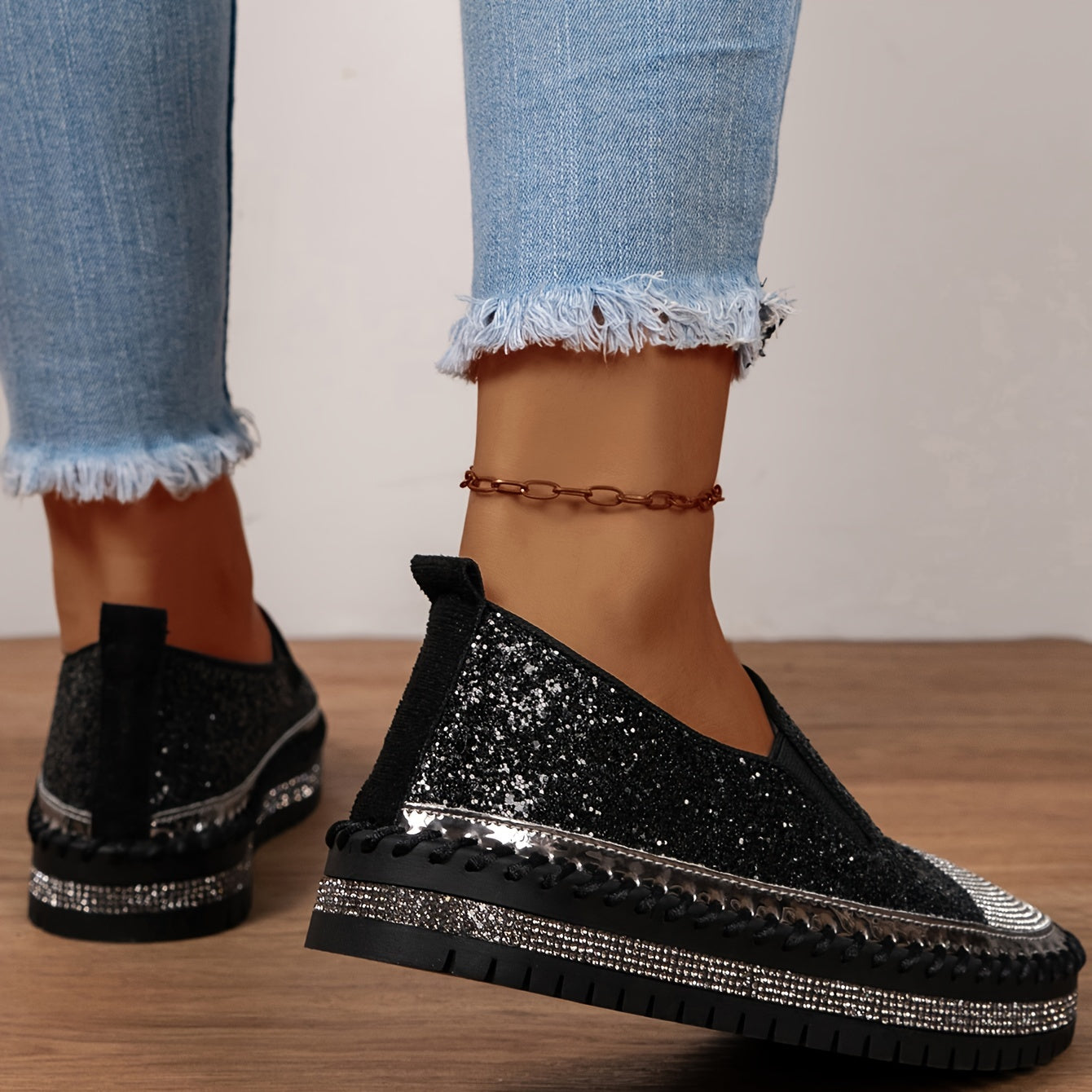 Kryształowe loafersy damskie, obcas 3 cm, wygodne buty na platformie
