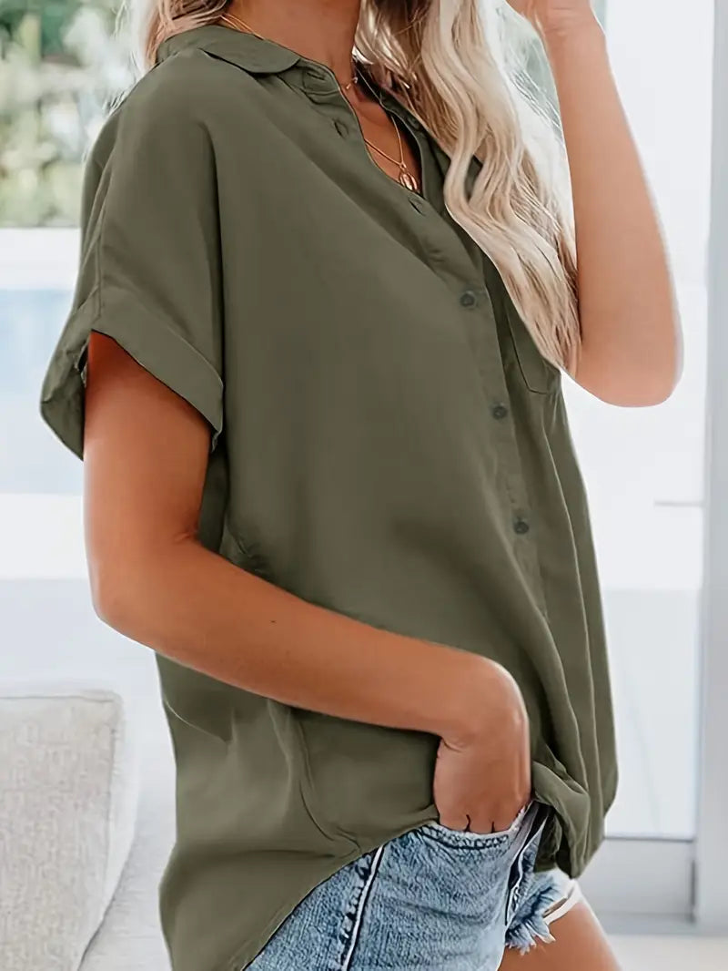 Bluzka z krótkim rękawem z kołnierzykiem i guzikami Olive Green