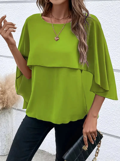 Elegancka asymetryczna bluzka damska z okrągłym dekoltem, rękawami typu peleryna, do użytku rekreacyjnego i biurowego
