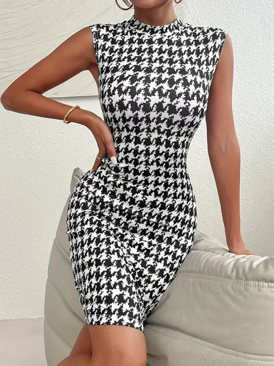 Bodycon z wzorem w pepitkę Sukienka bez rękawów Elegancka sukienka letnia z wysokim dekoltem