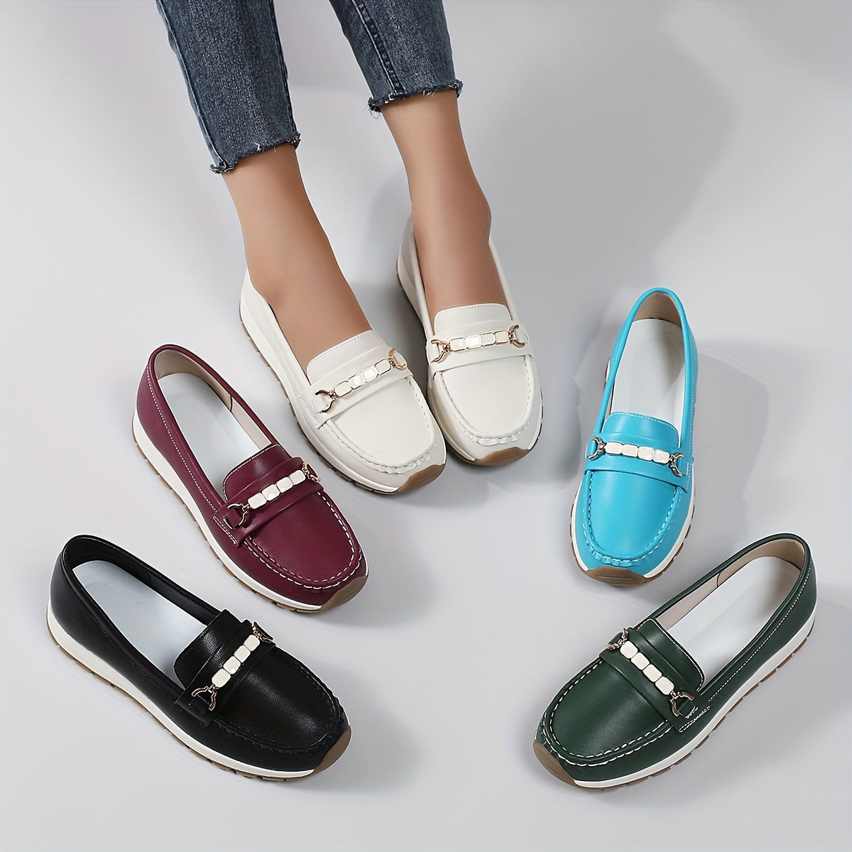 Damskie wsuwane loafersy - Lekkie buty casualowe ze sztucznej skóry z podeszwą pu