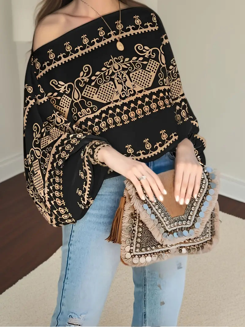 Sherie - Bluzka z odkrytymi ramionami z etnicznym nadrukiem Boho Batwing Sleeve