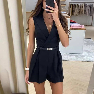 Angeline - Damskie spodenki bez rękawów Playsuit Letnie plisowane mini proste pajacyki