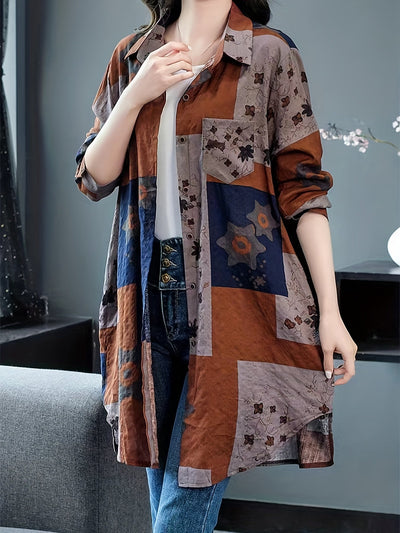 Lniana bluzka oversize, geometryczny nadruk, długie rękawy, mieszanka jedwabiu