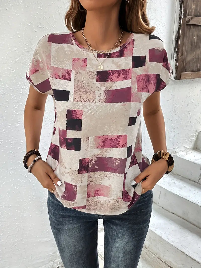 T-shirt z nadrukiem azteckim – letni top z krótkim rękawem i okrągłym dekoltem