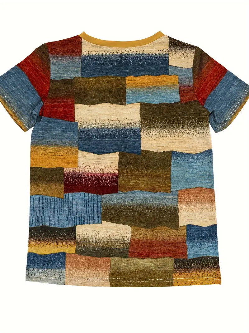 Wielokolorowy letni t-shirt z nadrukiem w bloki