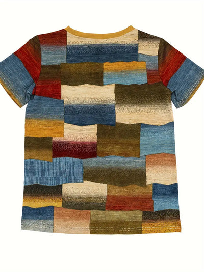 Wielokolorowy letni t-shirt z nadrukiem w bloki