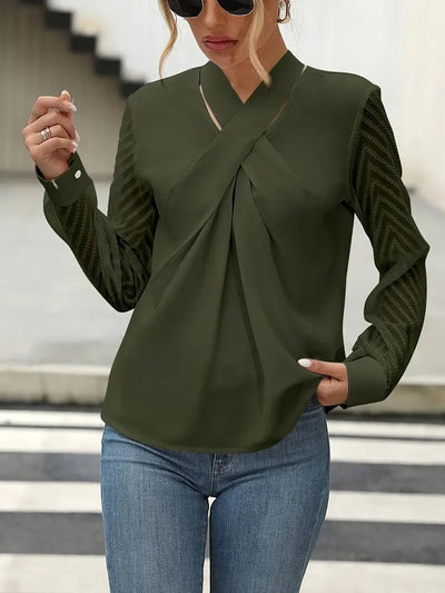 Bluzka damska crossover - casual, poliester, długi rękaw, zieleń wojskowa