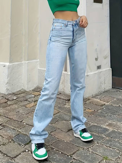 Niebieskie proste jeansy z wysokim stanem