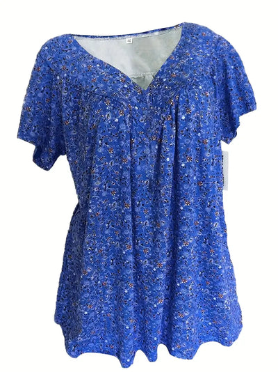 Floral Charm Plus Size V-Neck T-shirt z krótkim rękawem Boho T-shirt