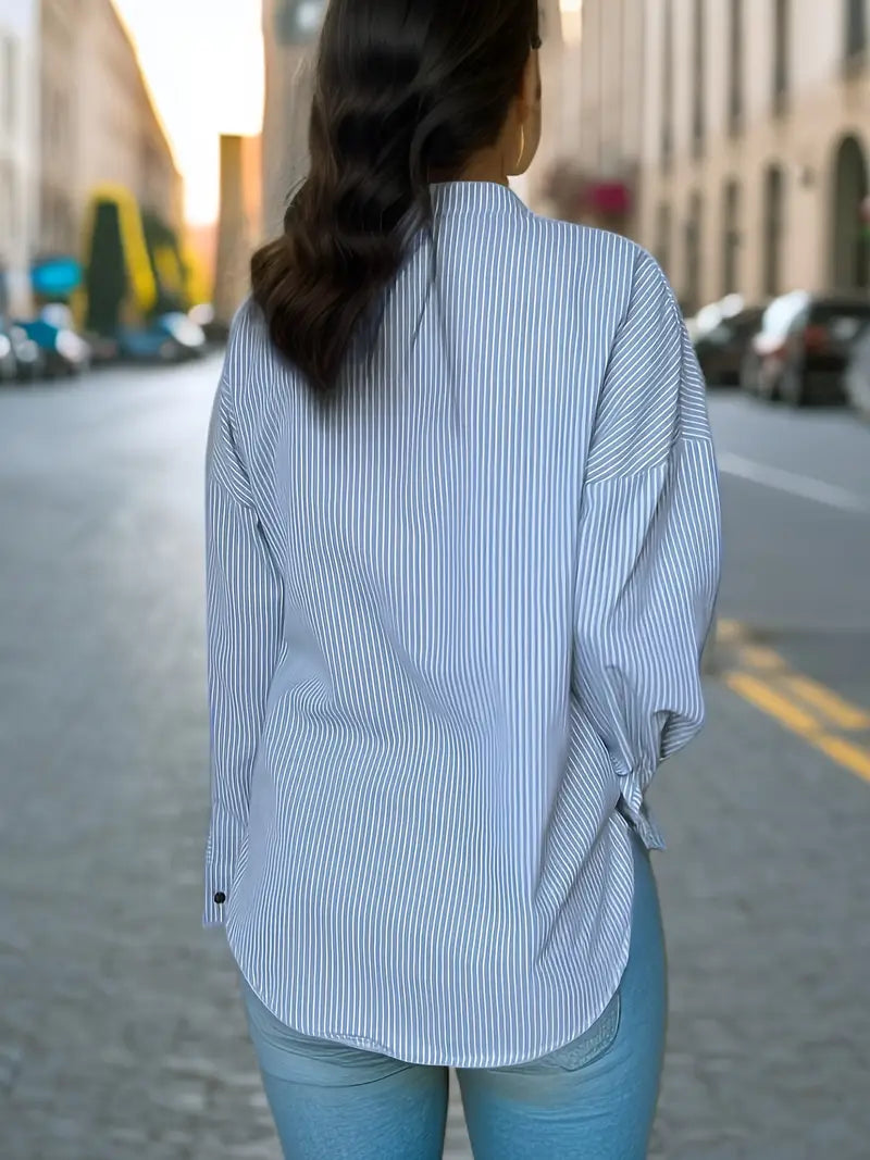 Casualowa koszula w paski z długim rękawem V-neck z mieszanki bawełny