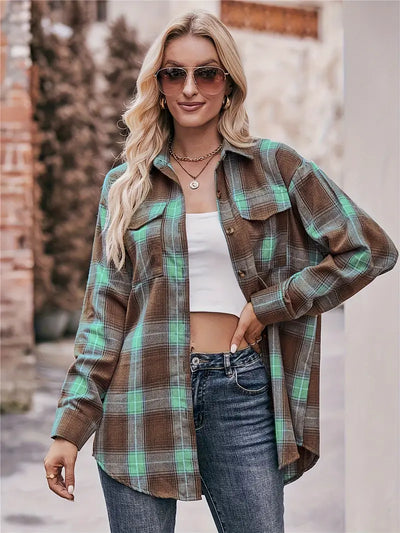 Bluzka w kratę z guzikami z przodu, elegancka bluzka koszulowa z długim rękawem dla kobiet