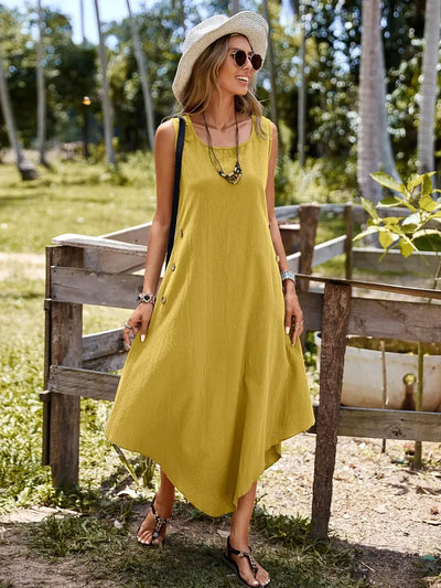 Elegancka asymetryczna sukienka letnia Maxi bez rękawów o linii A
