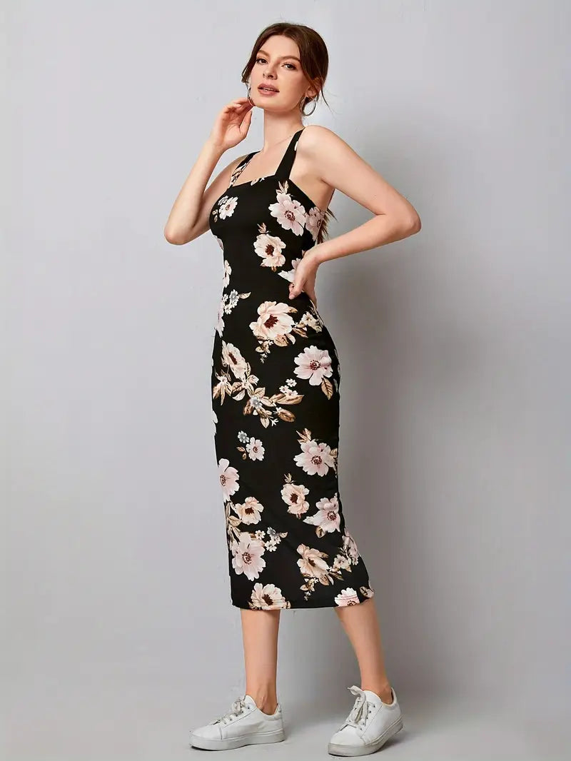 Zwarte Midi Jurk met Bloemenprint Elegante Mouwloze Zomerjurk met Hoge Split