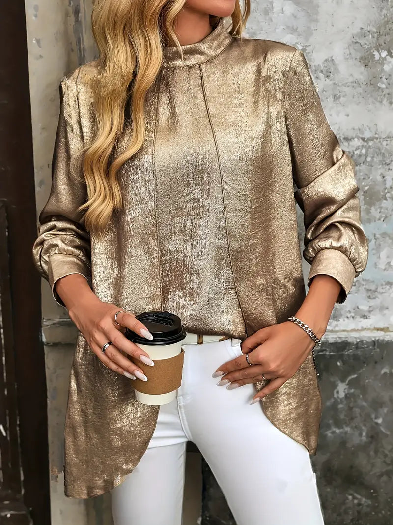 Elegancka koszula z metalicznym kołnierzykiem, sweter o linii A