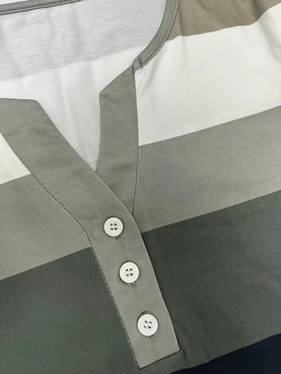 Letnia lniana koszula damska – casualowy T-shirt w paski z rękawami trzy czwarte