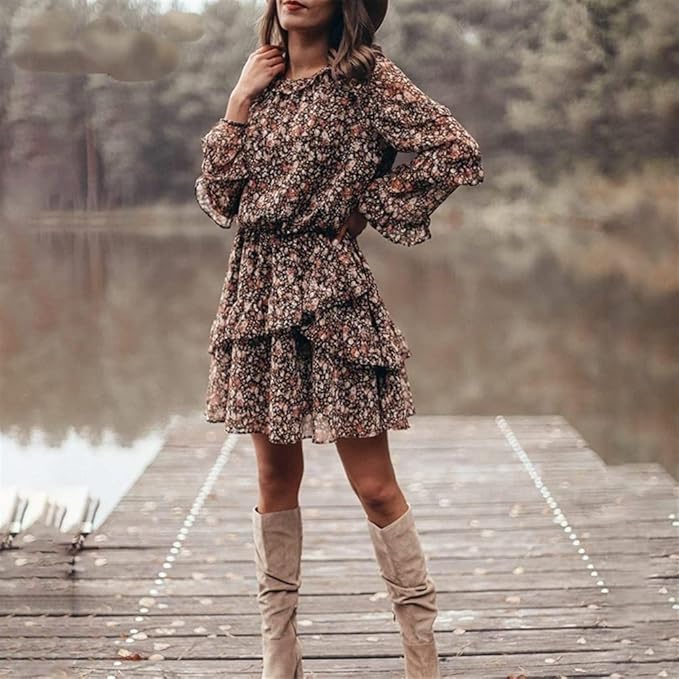 Sukienka w kwiaty w stylu vintage - linia A, długie rękawy i falbany - elegancka i stylowa