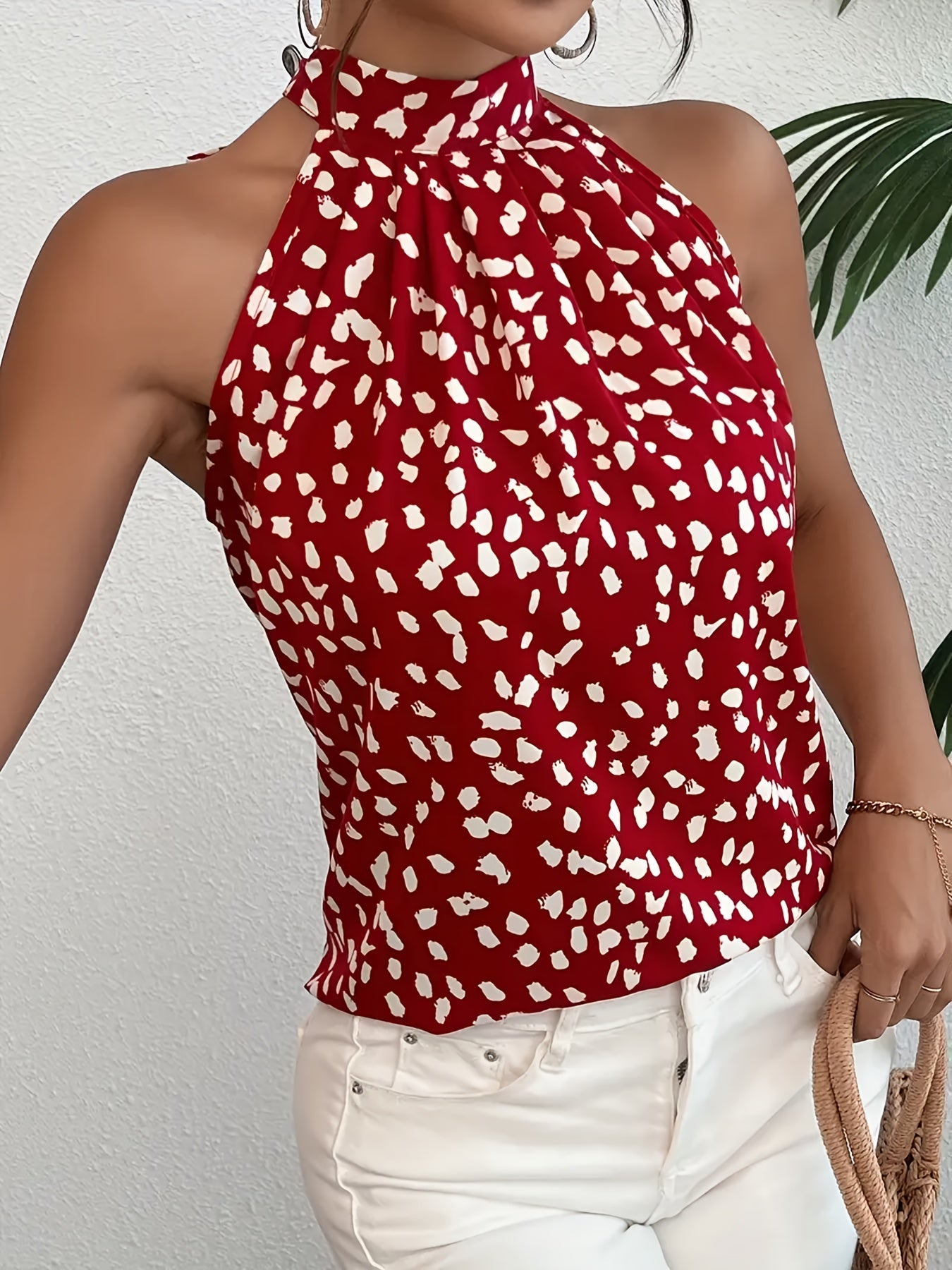 Top damski Halterneck Polka Dot - lekka mieszanka lnu, oddychająca, całoroczna, 100% poliester