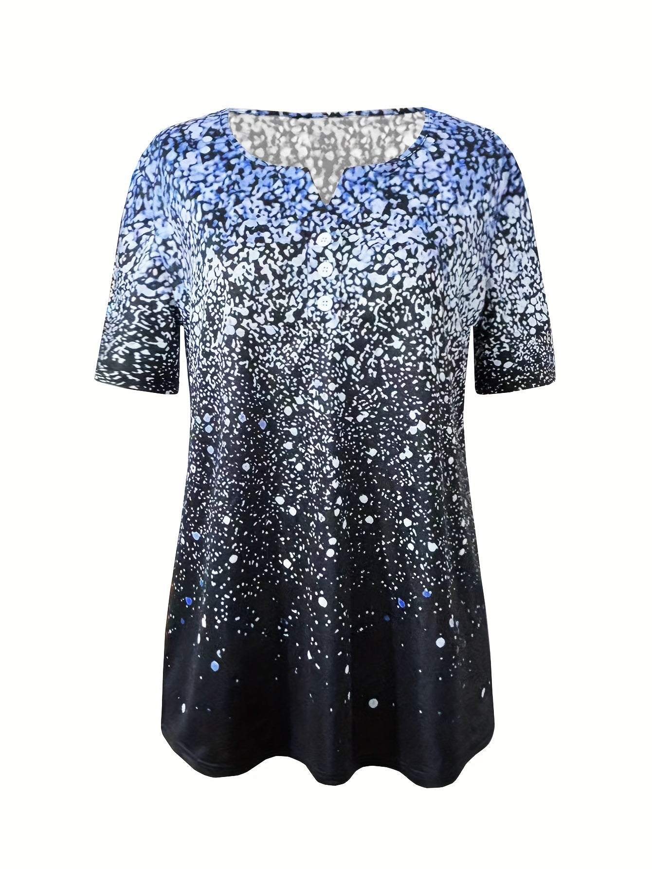 Lniany T-shirt damski – casualowa koszula z krótkim rękawem, graficznym nadrukiem i zapięciem na guziki