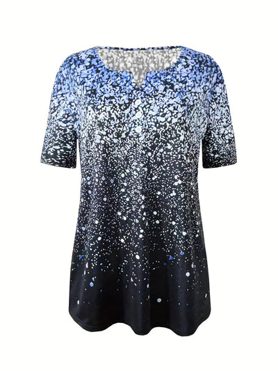 Lniany T-shirt damski – casualowa koszula z krótkim rękawem, graficznym nadrukiem i zapięciem na guziki