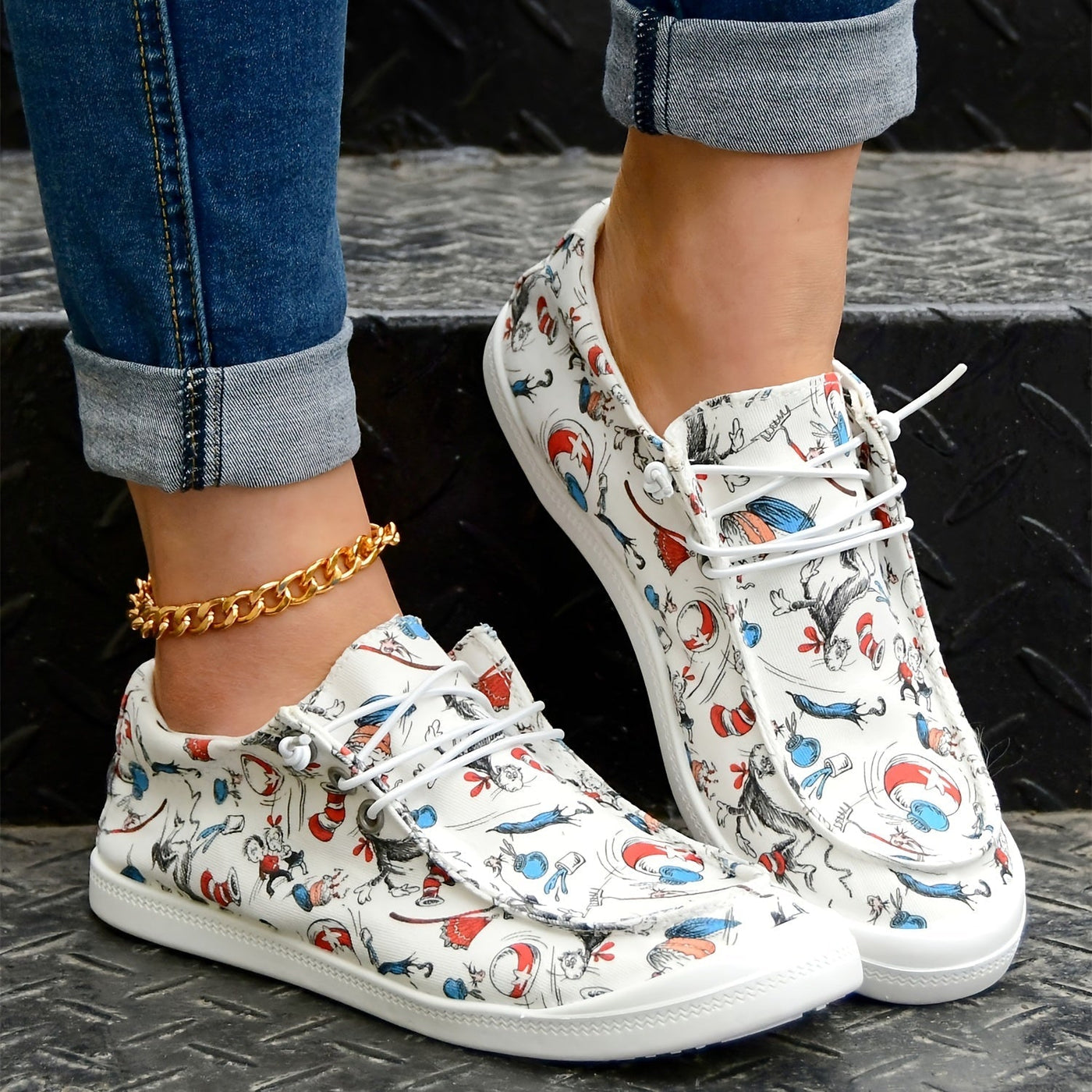 Casual Cartoon Print Booper for Women-Light Slip-on Canvas Buty