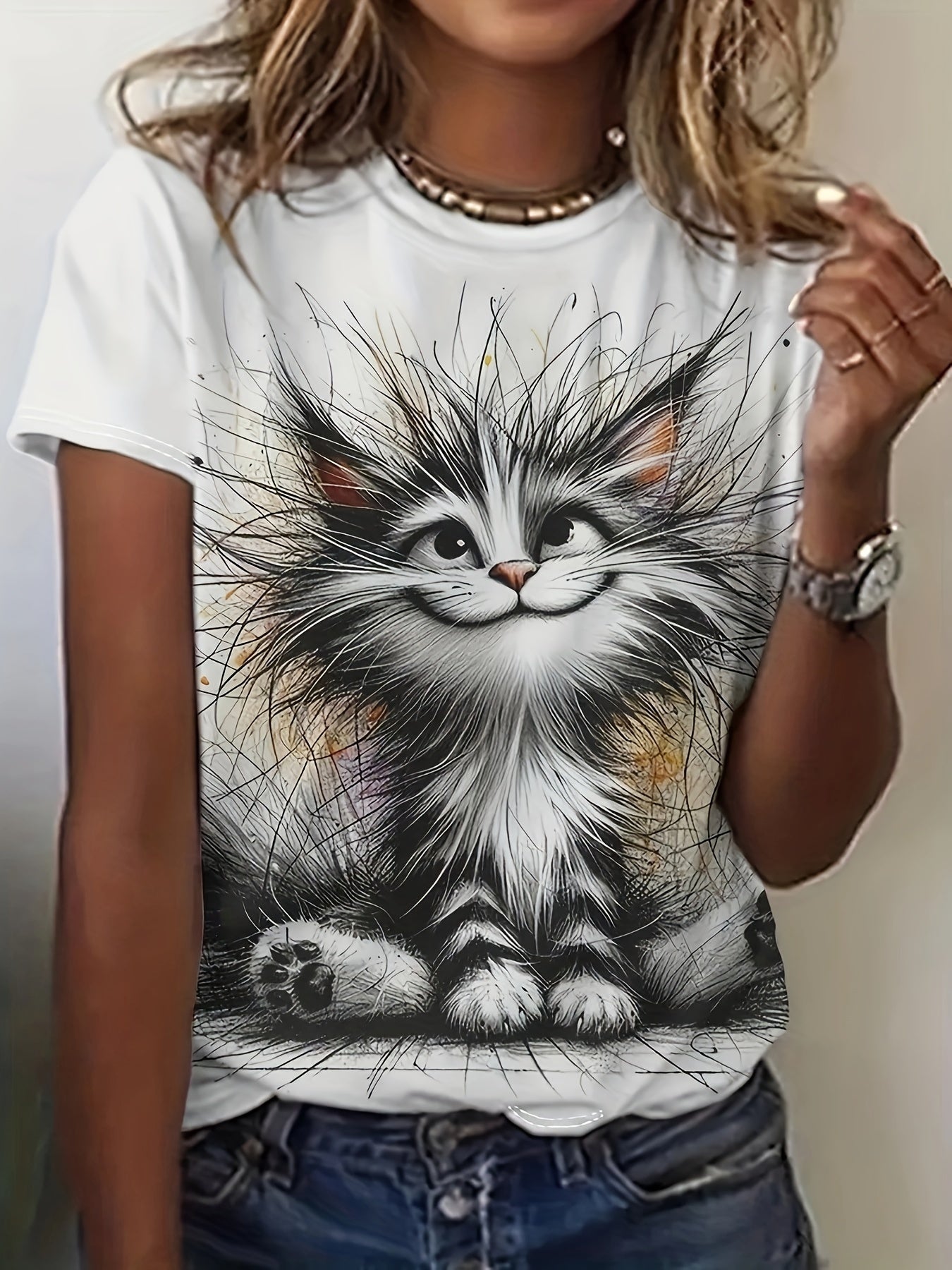 T-shirt z krótkim rękawem dla kobiet z oddechem dla zwierząt, okrągły dekolt