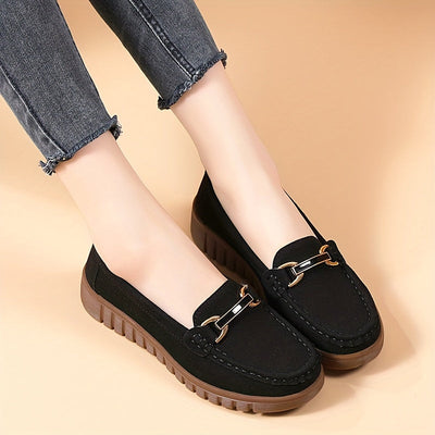 Damskie loafersy z metalową klamrą, casualowe wsuwane buty w jednolitych kolorach