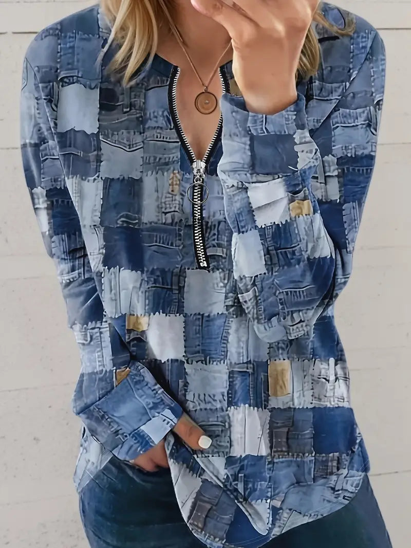 Ally - Schickes, bequemes, langärmeliges Kleid aus Denim-Patchwork-Kunststoff