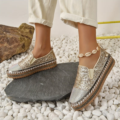 Kryształowe loafersy damskie, obcas 3 cm, wygodne buty na platformie