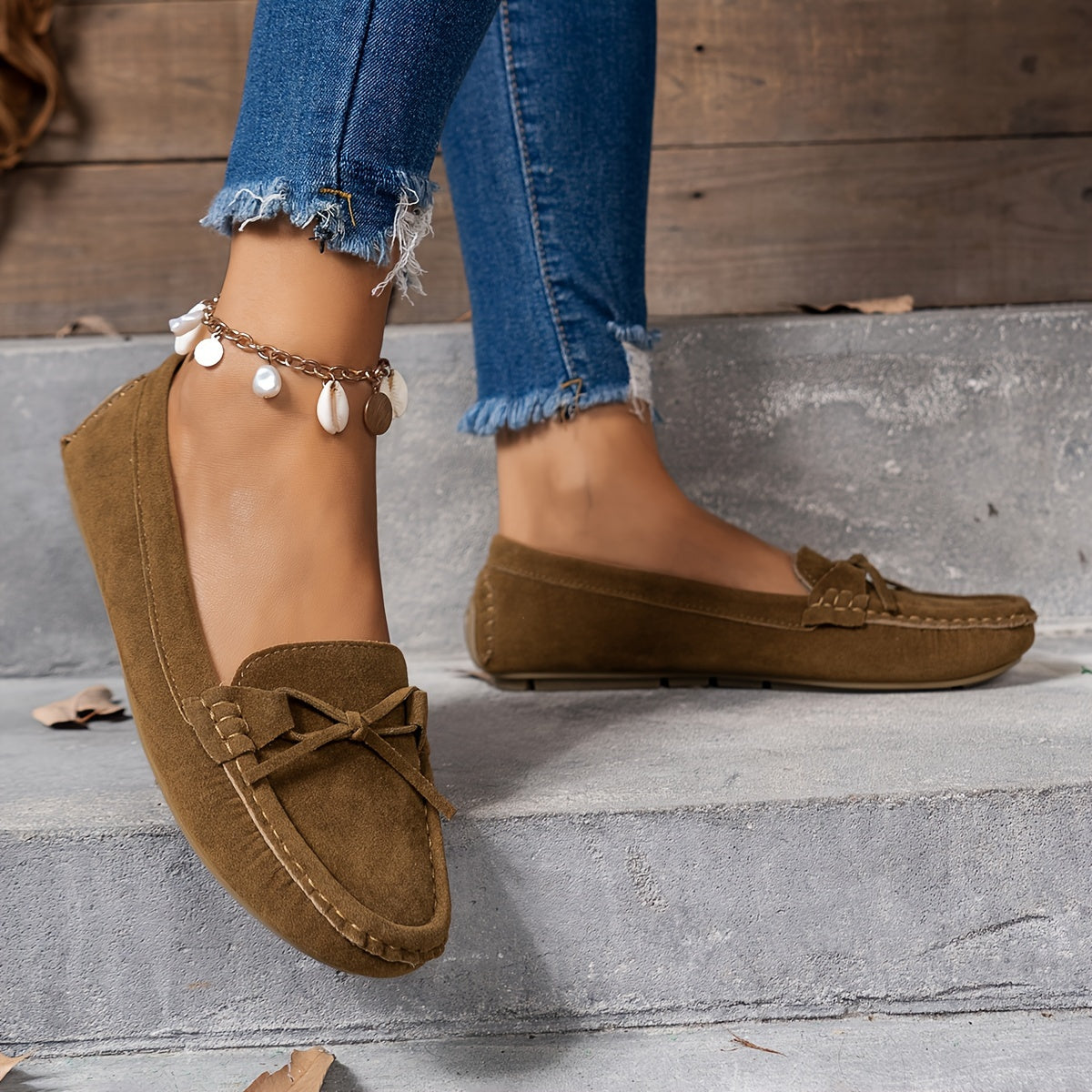 Retro loafersy z kokardą, buty wsuwane z okrągłym noskiem