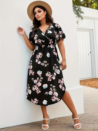 Grote Maten Elegante Maxi Jurk  Zwarte Bloemenprint, Vlindermouwen V-Hals