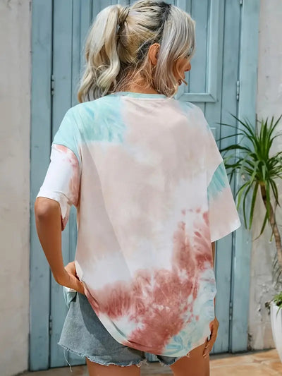 T-shirt z paskiem w kształcie litery i wzorem tie-dye, swobodny, z krótkimi rękawami