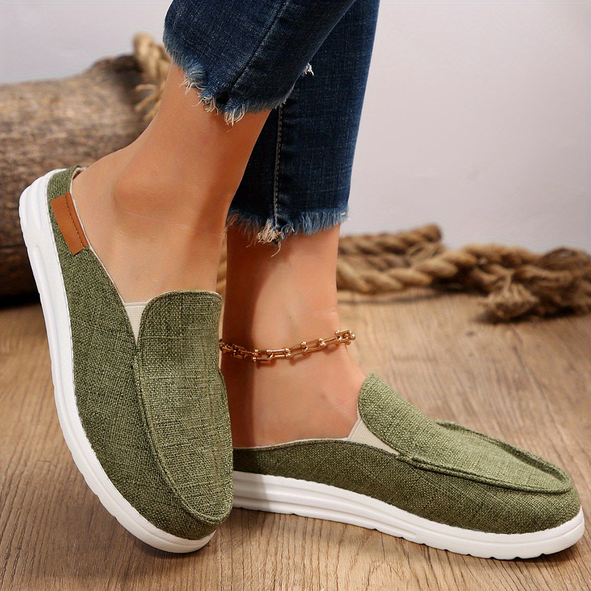 Płótno Loafer, kapcie z okrągłym noskiem, lekkie buty zewnętrzne