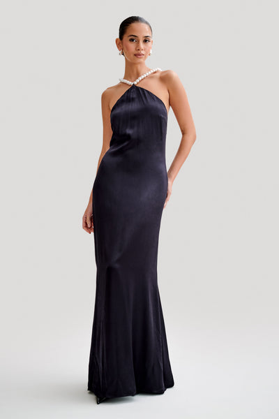 Celine - Blanche satynowa sukienka maxi z koralikami