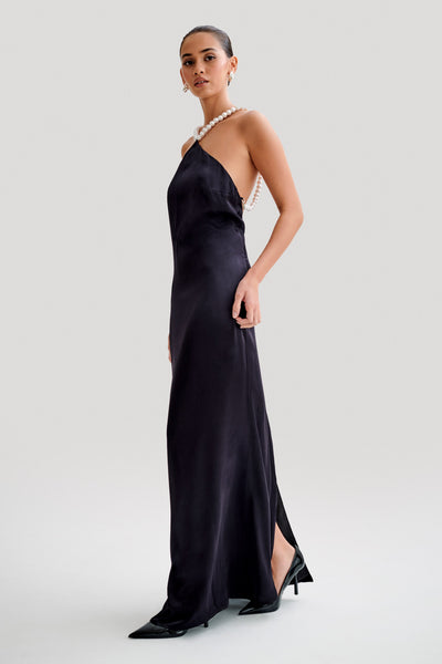 Celine - Blanche satynowa sukienka maxi z koralikami