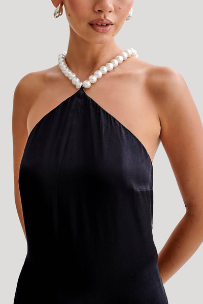 Celine - Blanche satynowa sukienka maxi z koralikami