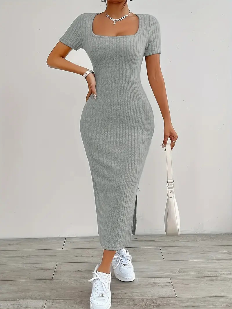 Elegancka długa rozkloszowana sukienka Bodycon Fit z dekoltem w łódkę