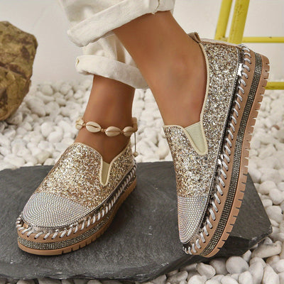 Kryształowe loafersy damskie, obcas 3 cm, wygodne buty na platformie