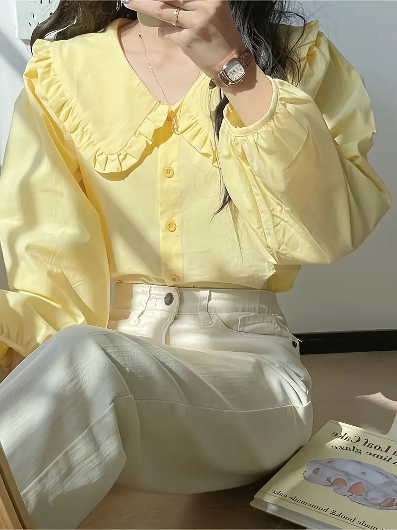 Bluzka damska z kołnierzykiem w stylu vintage - długi rękaw, guziki, żółta