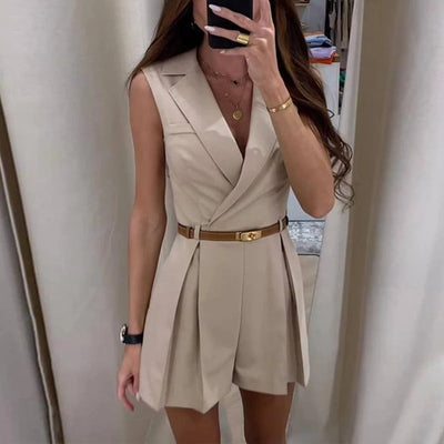 Angeline - Damskie spodenki bez rękawów Playsuit Letnie plisowane mini proste pajacyki